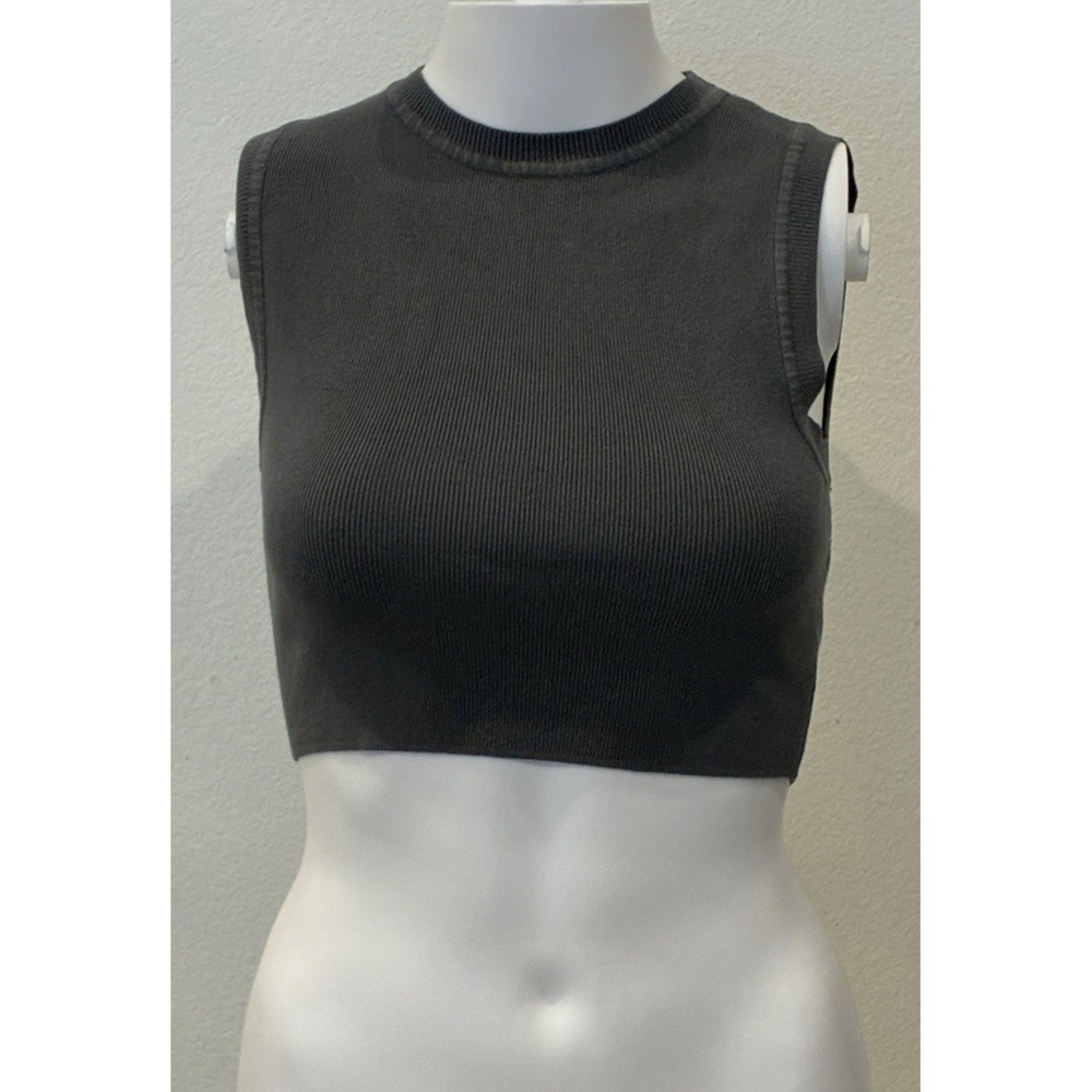 Zara Ribbed Crop Tank Crew Neck Sz M Gray Stretch Minimalist Y2K Layering Grunge